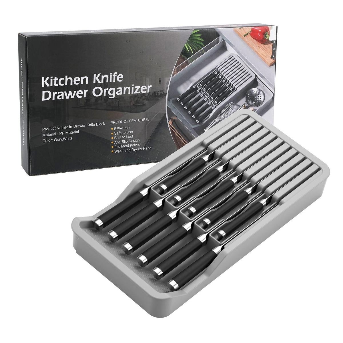 Knife and cutlery drawer organizer next to its box