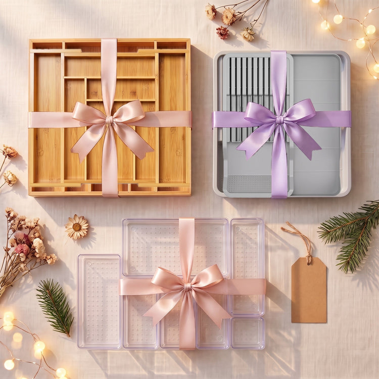 Drawer organizers tied with blush and lavender ribbon as gifts