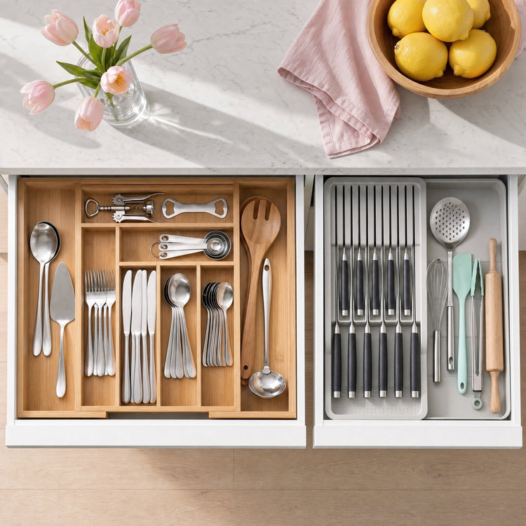 Bamboo cutlery organizer and knife organizer in kitchen drawers
