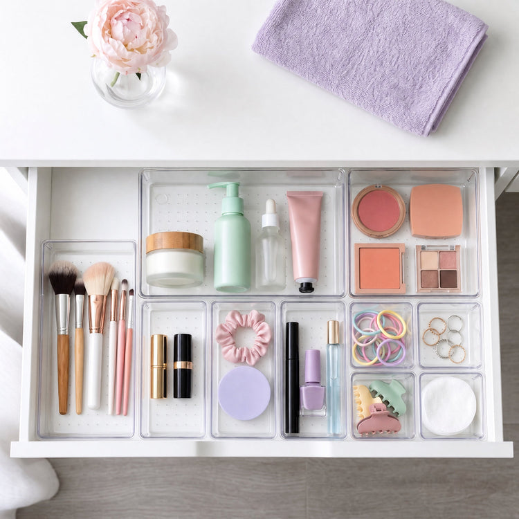 Clear trays organizing makeup and skincare in a vanity drawer