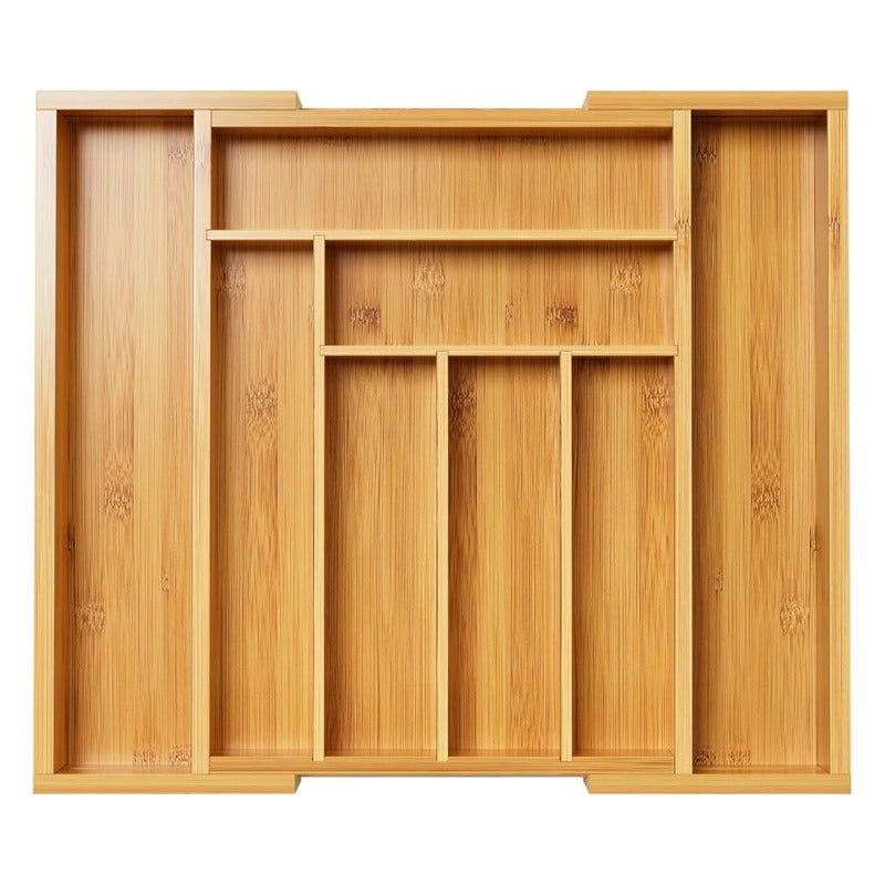 Expandable bamboo drawer organizer with 6 compartments and 2 side sections, top view