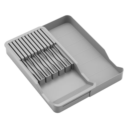 Gray knife and cutlery drawer organizer with the side tray pulled out
