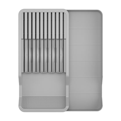 Gray knife and cutlery drawer organizer with 11 knife slots, top view