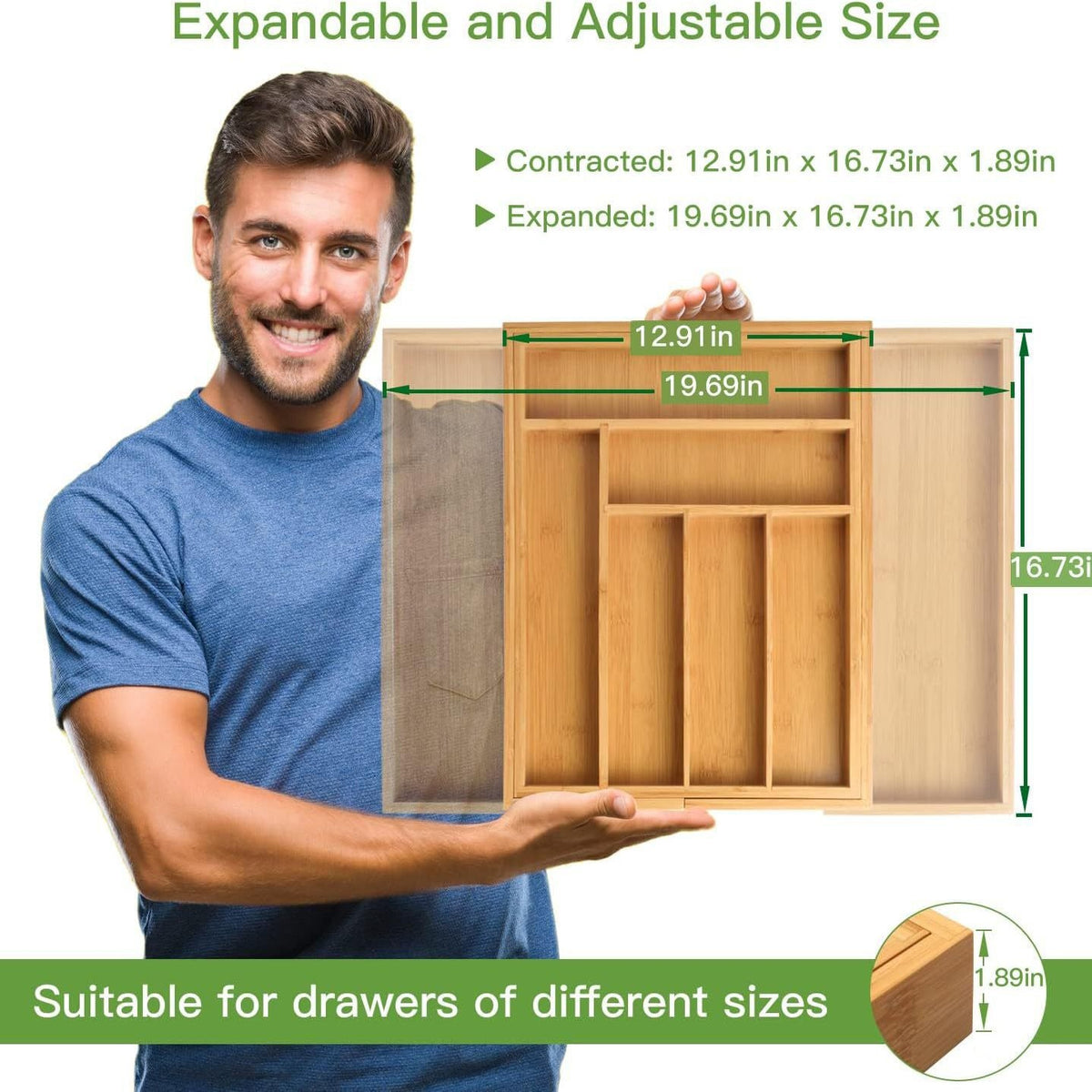 Bamboo drawer organizer size guide: 12.91" to 19.69" wide, 16.73" deep, 1.89" high