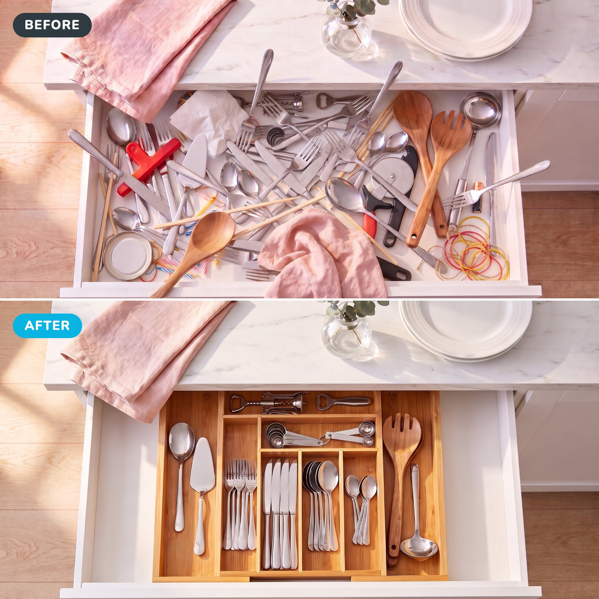Before and after: loose cutlery organized in the bamboo organizer
