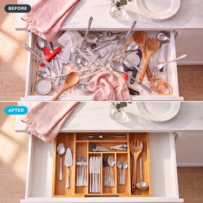 Before and after: loose cutlery organized in the bamboo organizer