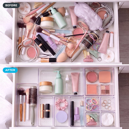 Before and after: a messy vanity drawer organized with clear trays
