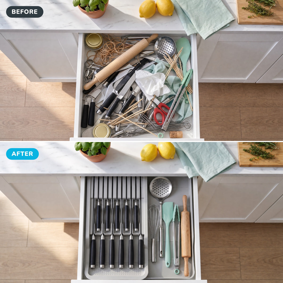 Before and after: jumbled knives and cutlery organized in the knife organizer