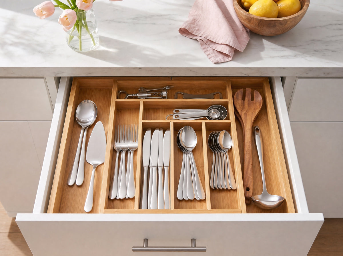 Signature bamboo organizer holding cutlery and utensils in an open kitchen drawer