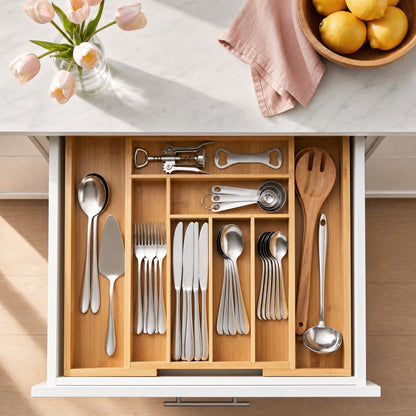Signature bamboo drawer organizer expanded in a kitchen drawer with cutlery