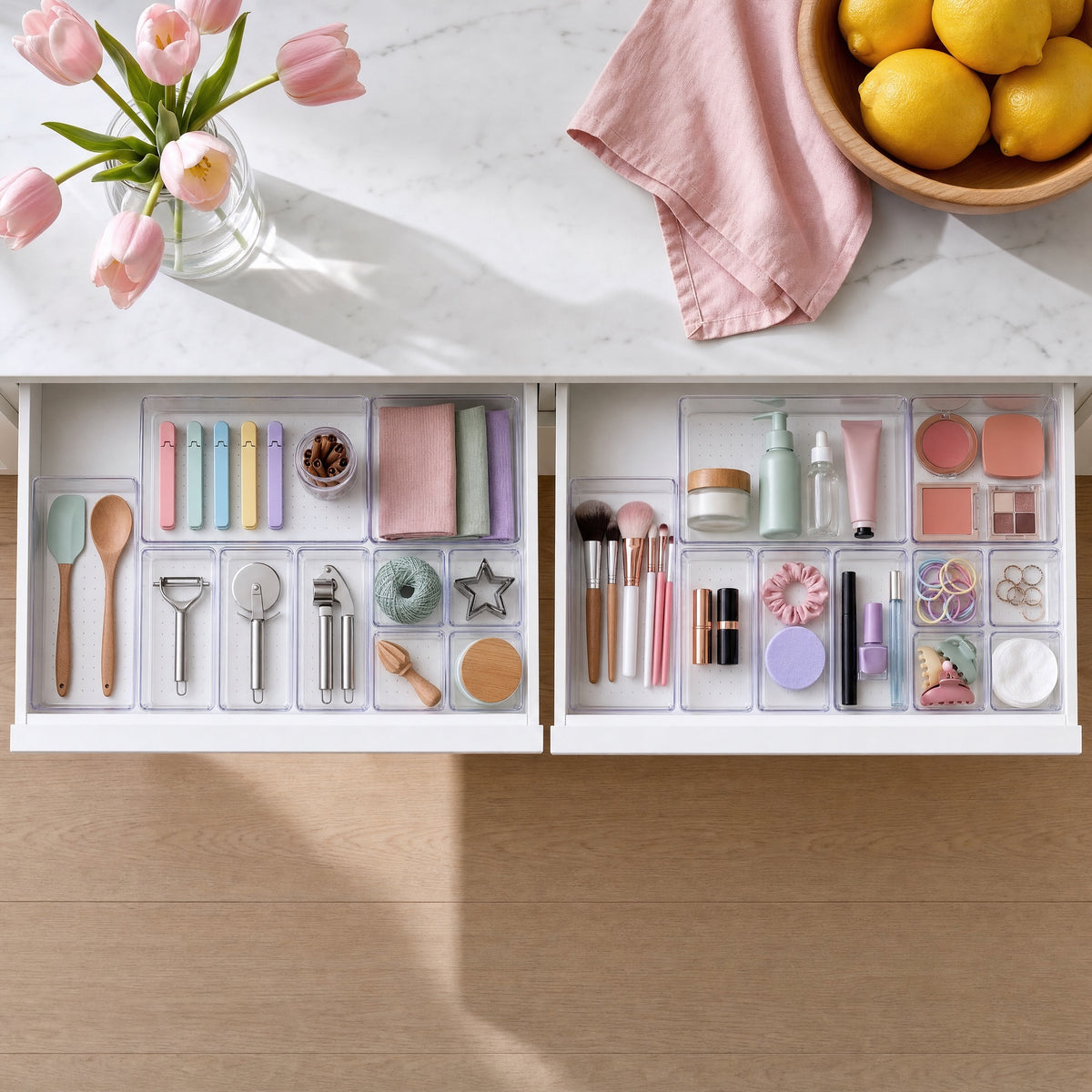Clear drawer trays organizing a kitchen drawer and a vanity drawer