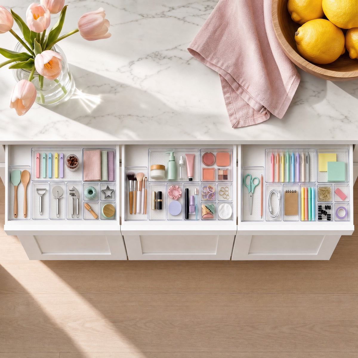 Clear drawer trays organizing kitchen, vanity and desk drawers