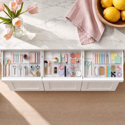 Clear drawer trays organizing kitchen, vanity and desk drawers