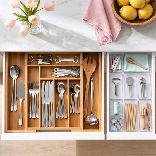 Bamboo cutlery organizer and clear trays in two kitchen drawers