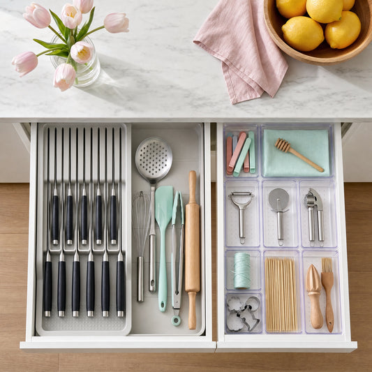Knife organizer and clear trays in two kitchen drawers