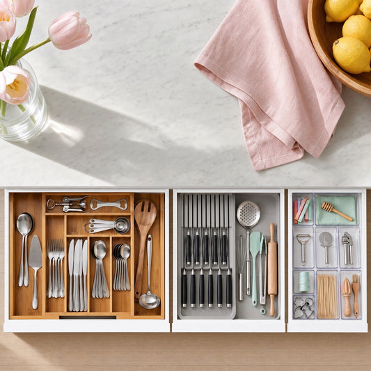 Bamboo organizer, knife organizer and clear trays in three kitchen drawers