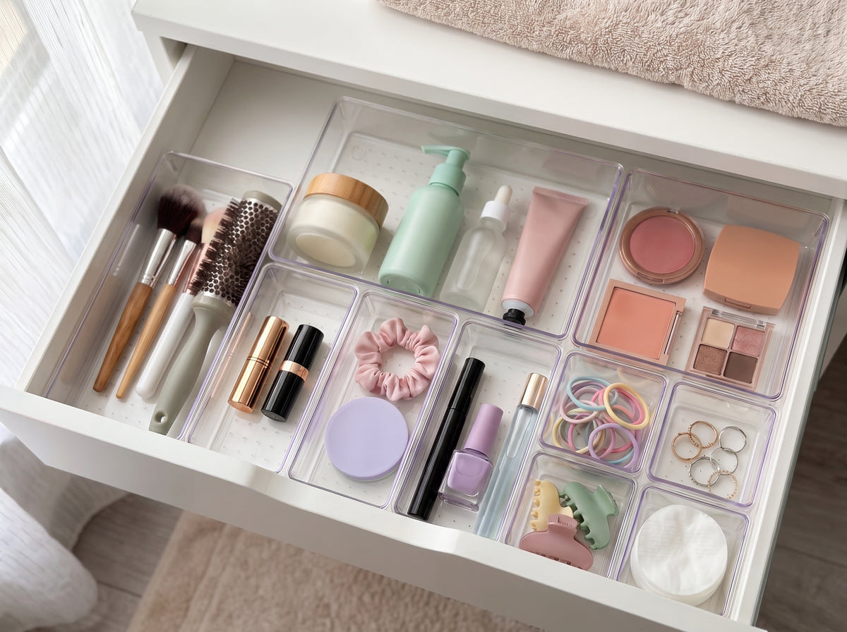 Clear organizer trays holding makeup and skincare in an open vanity drawer