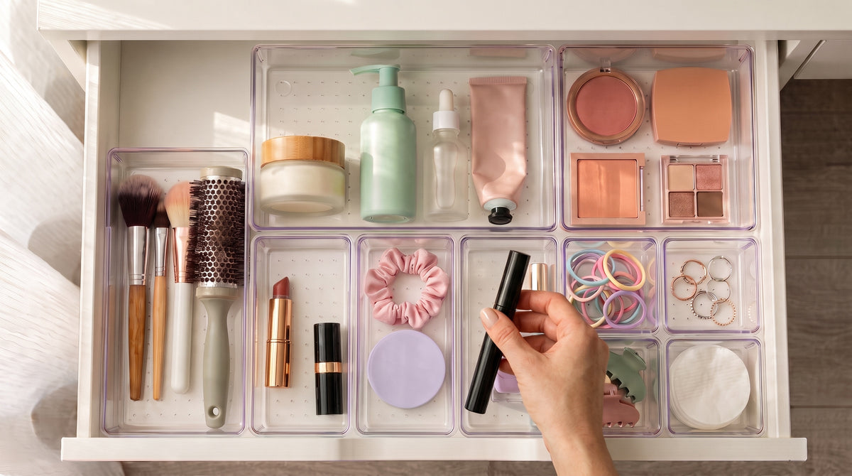 Hand taking a mascara from clear organizer trays in a vanity drawer