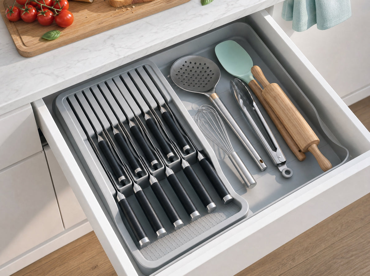 Gray knife and cutlery organizer with 11 knives and utensils in an open kitchen drawer