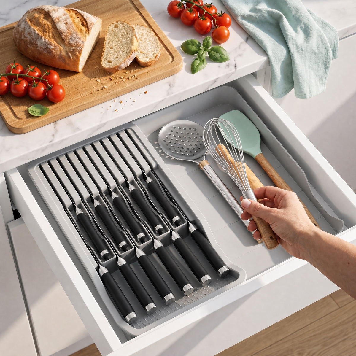 Hand lifting a whisk from the gray knife and cutlery organizer in a kitchen drawer