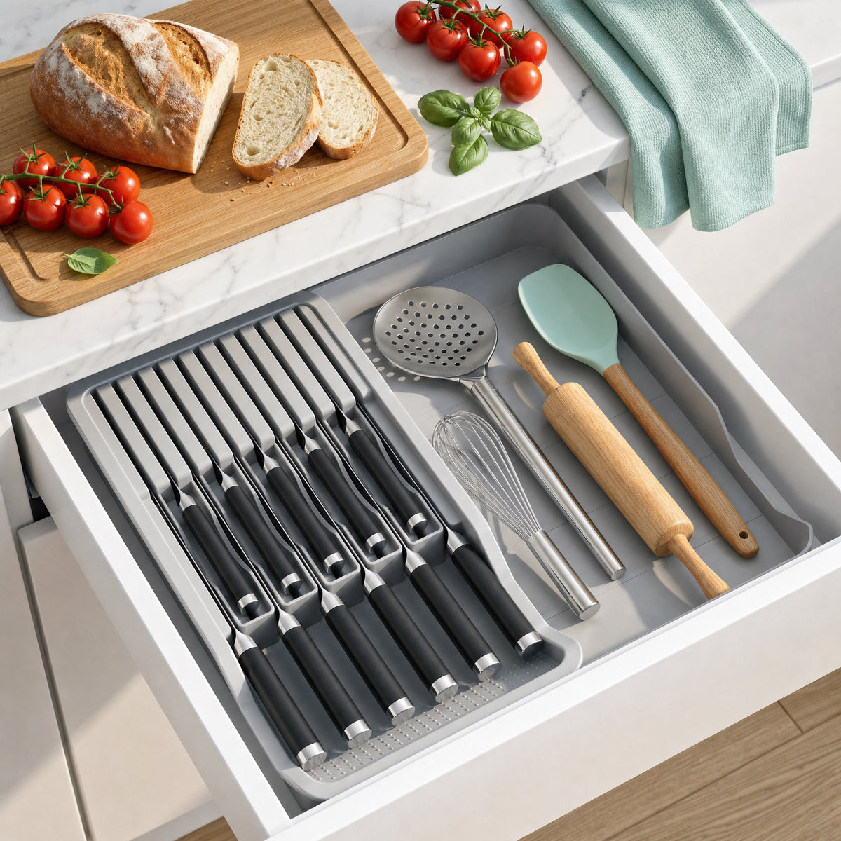 Gray knife and cutlery organizer with knives and utensils in a kitchen drawer
