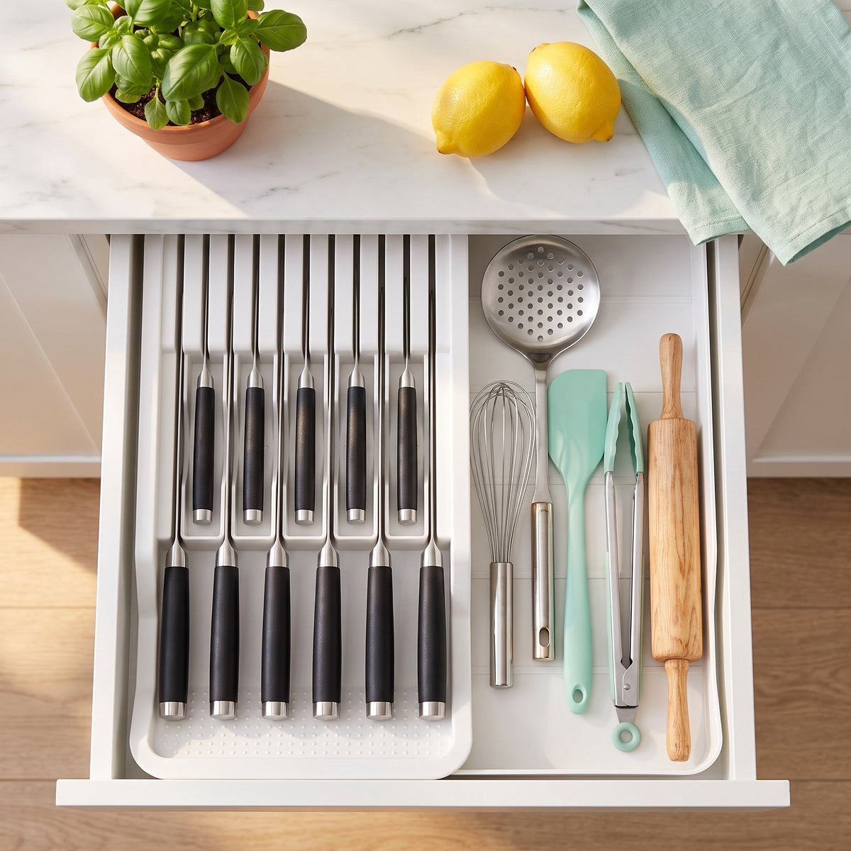 White knife and cutlery organizer with knives and cutlery in a kitchen drawer