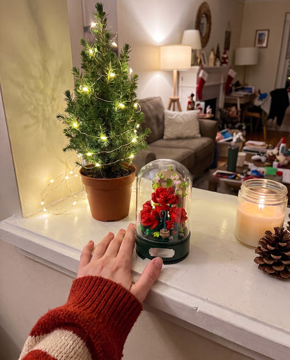 The rose garden music box on a windowsill beside a small lit Christmas tree