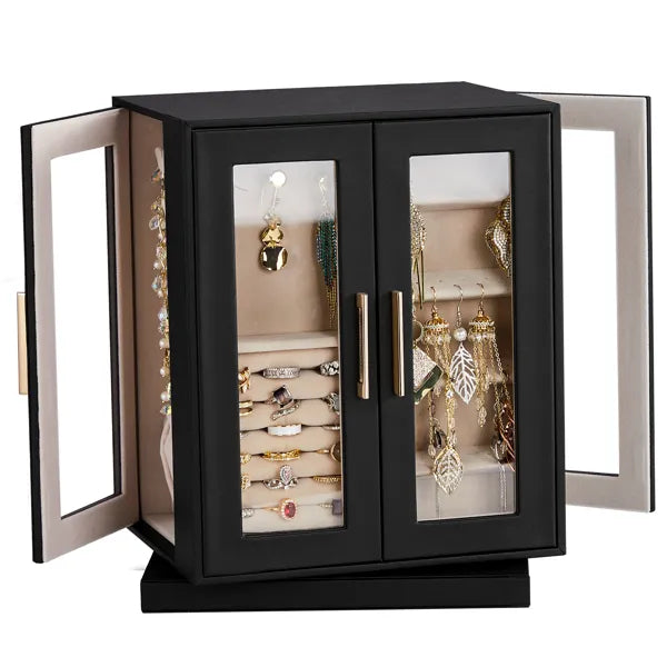 Both side doors open, showing ring rolls, earrings and necklaces behind the clear front doors