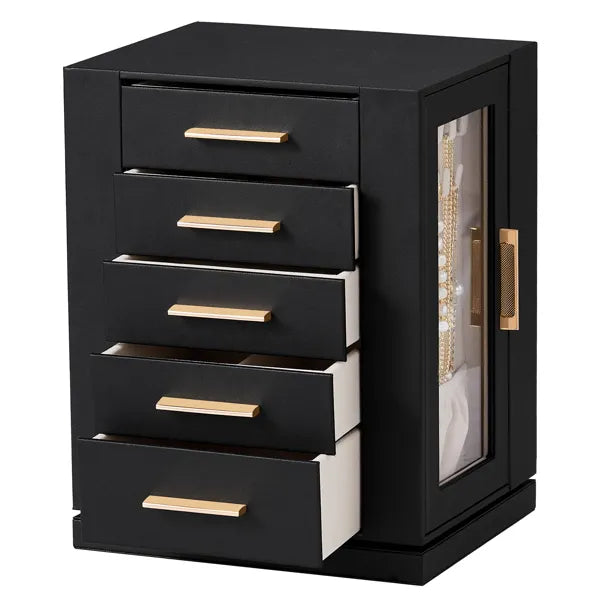 The back of the cabinet: five black drawers with gold bar pulls, pulled out at different lengths