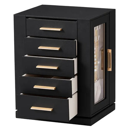 The back of the cabinet: five black drawers with gold bar pulls, pulled out at different lengths