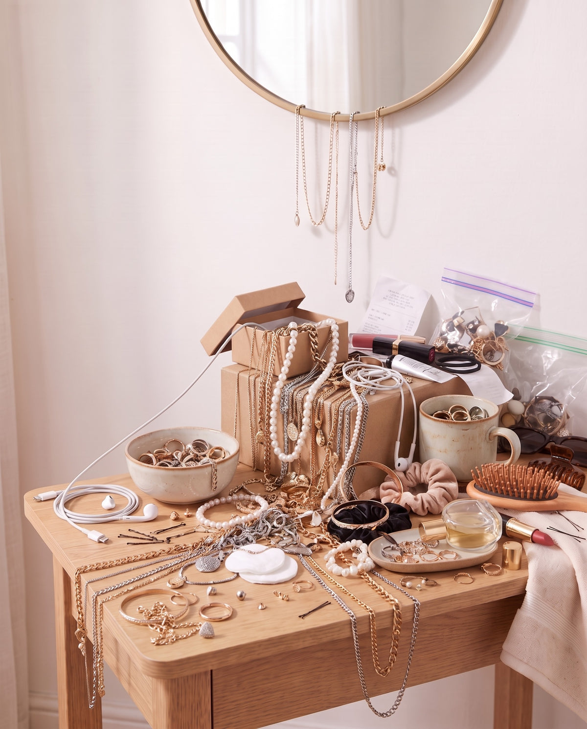 Before: tangled necklaces, earrings and rings piled across a dressing table