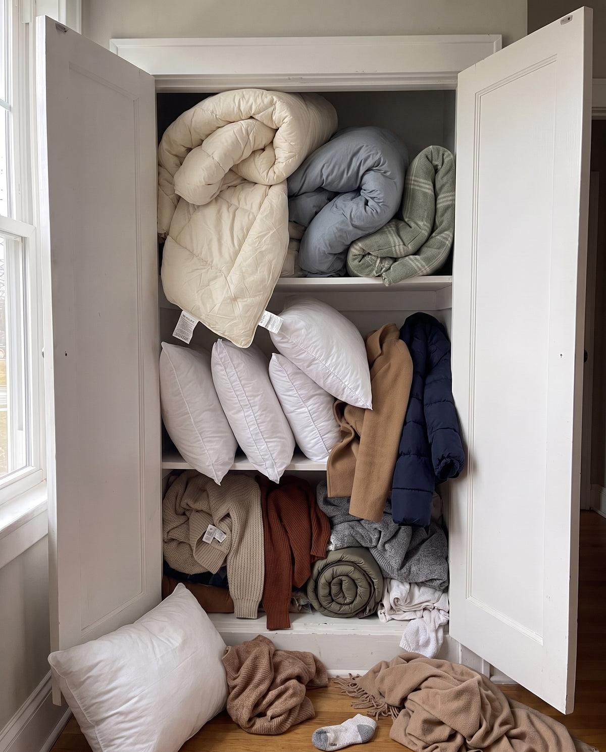 Before: a linen closet overflowing with puffy comforters, pillows, coats and sweaters spilling onto the floor