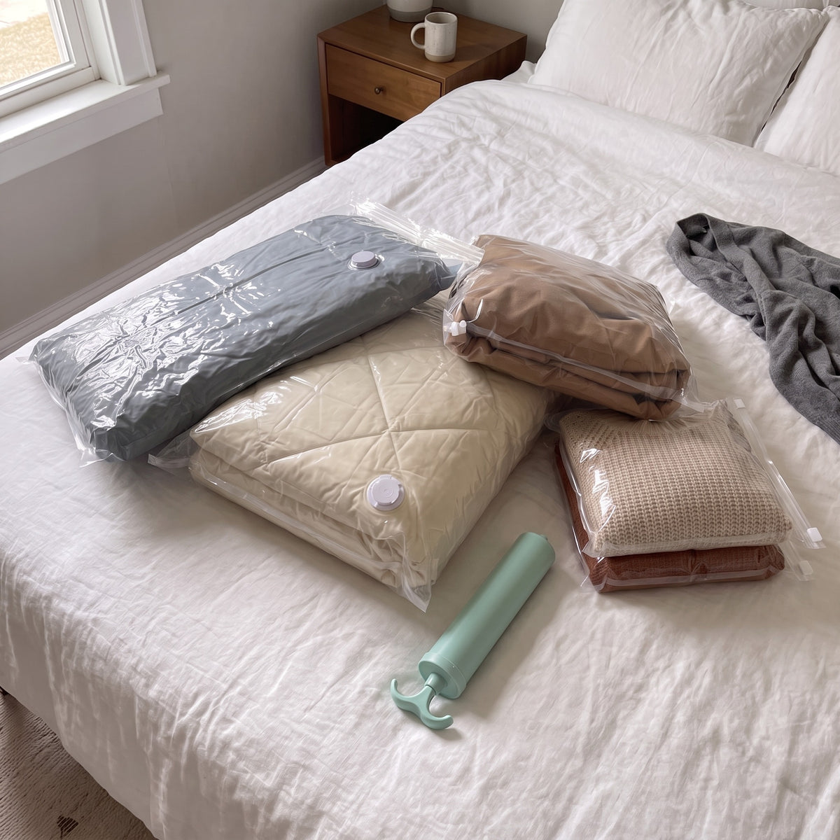 Four sealed clear vacuum storage bags of a comforter, duvet, coat and sweaters on a made bed, with the mint hand pump